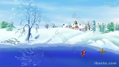 男孩和女孩在冰湖上滑冰在一个下雪的<strong>圣诞</strong>乡村风景手工动画经典卡通